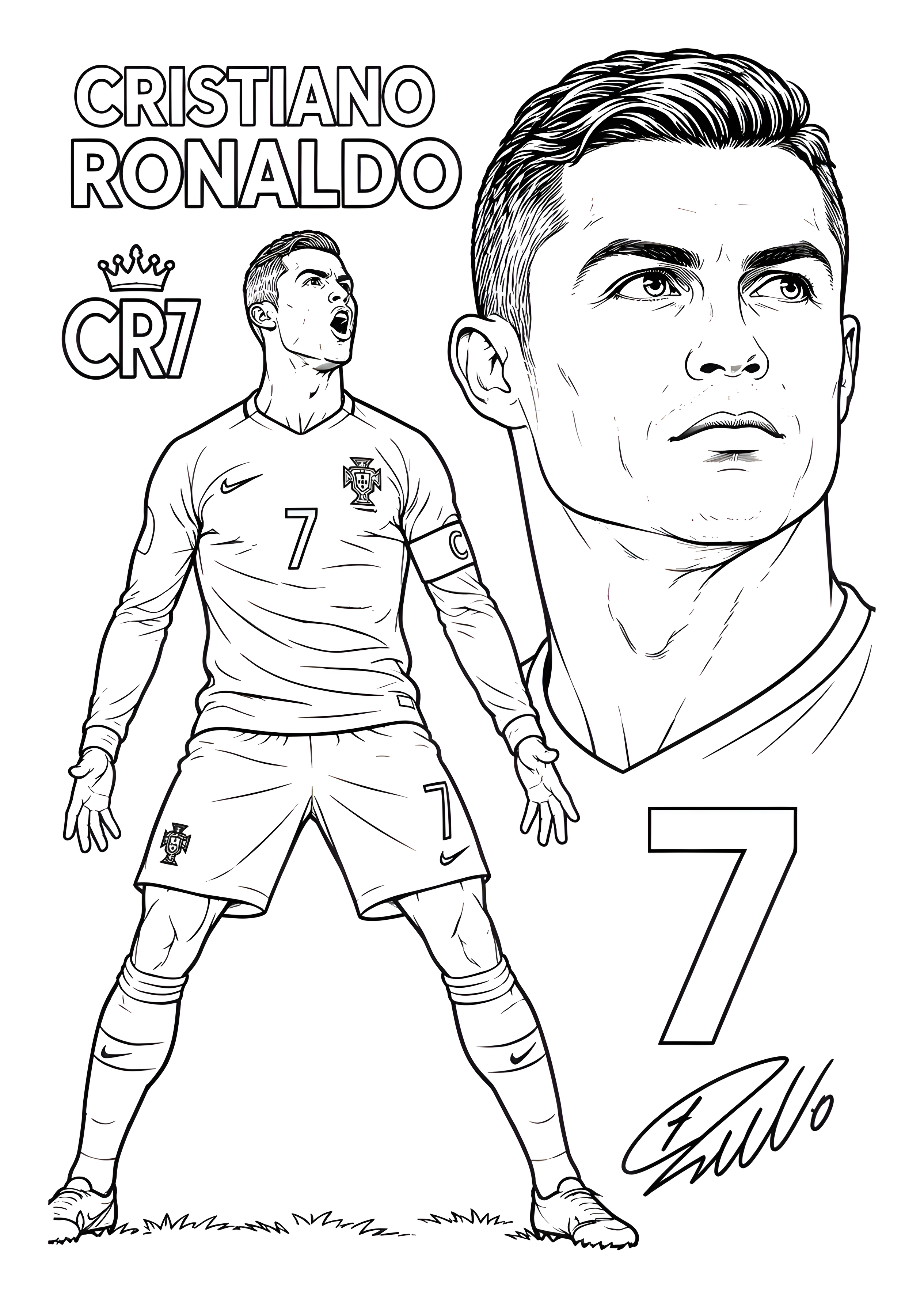 Omalovánka: Cristiano Ronaldo stojí s rozpaženýma rukama v dresu Portugalska, vedle něj je velký portrét a číslo 7 k vybarvení.