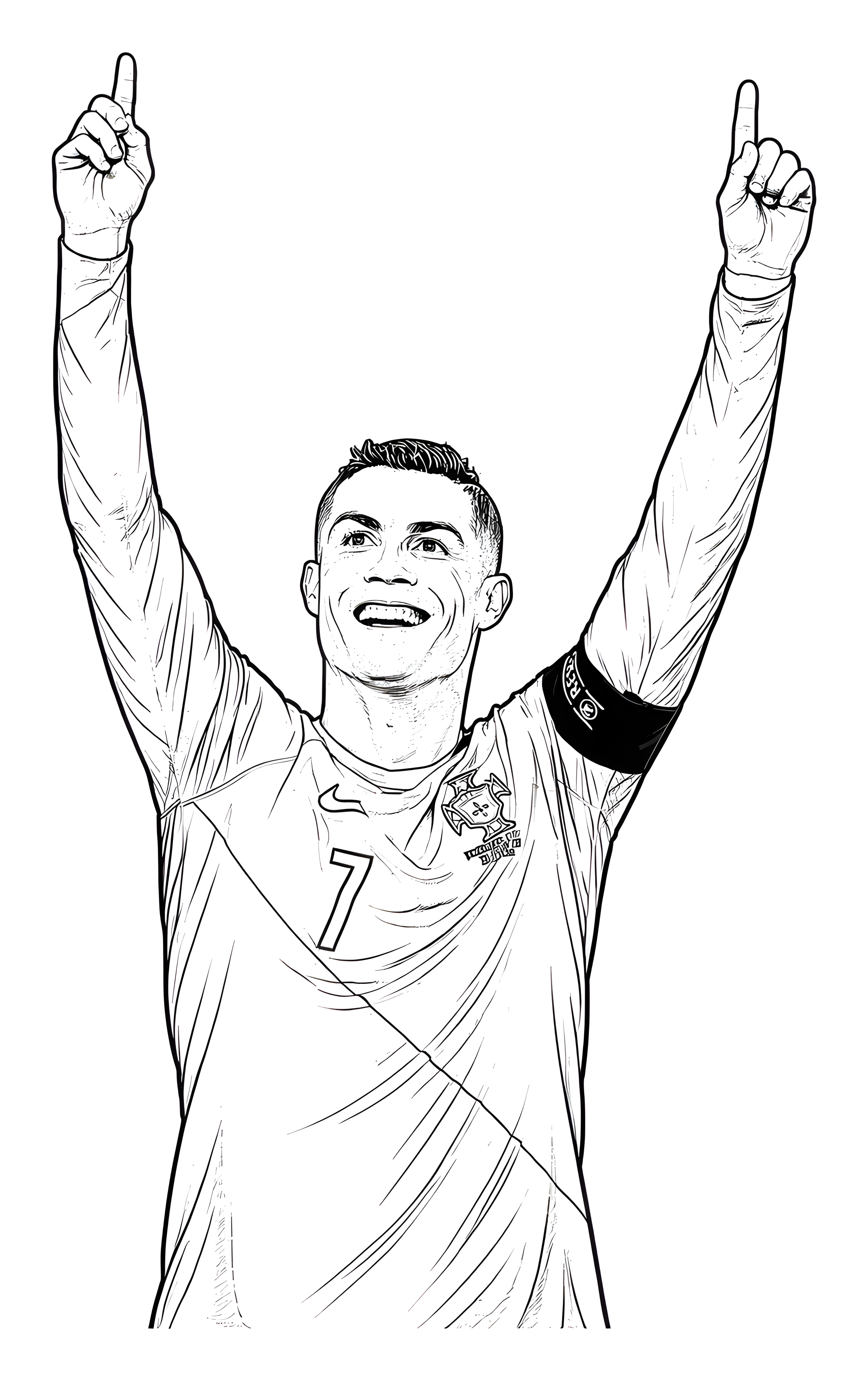 Omalovánka: Cristiano Ronaldo se usmívá a slaví se zdviženými pažemi a ukazováčky v dresu Portugalska, kresba k vybarvení.