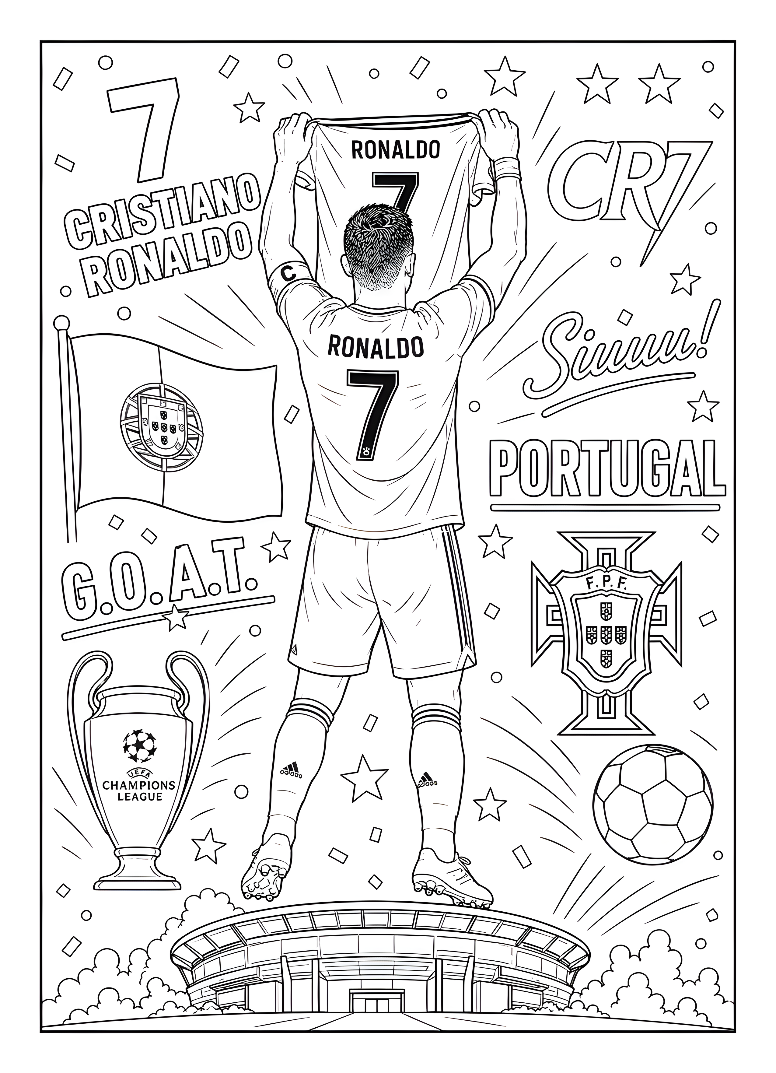 Omalovánka: Cristiano Ronaldo zezadu zvedá dres s číslem 7 nad hlavou; na obrázku jsou také znak Portugalska, fotbalový míč a stadion.