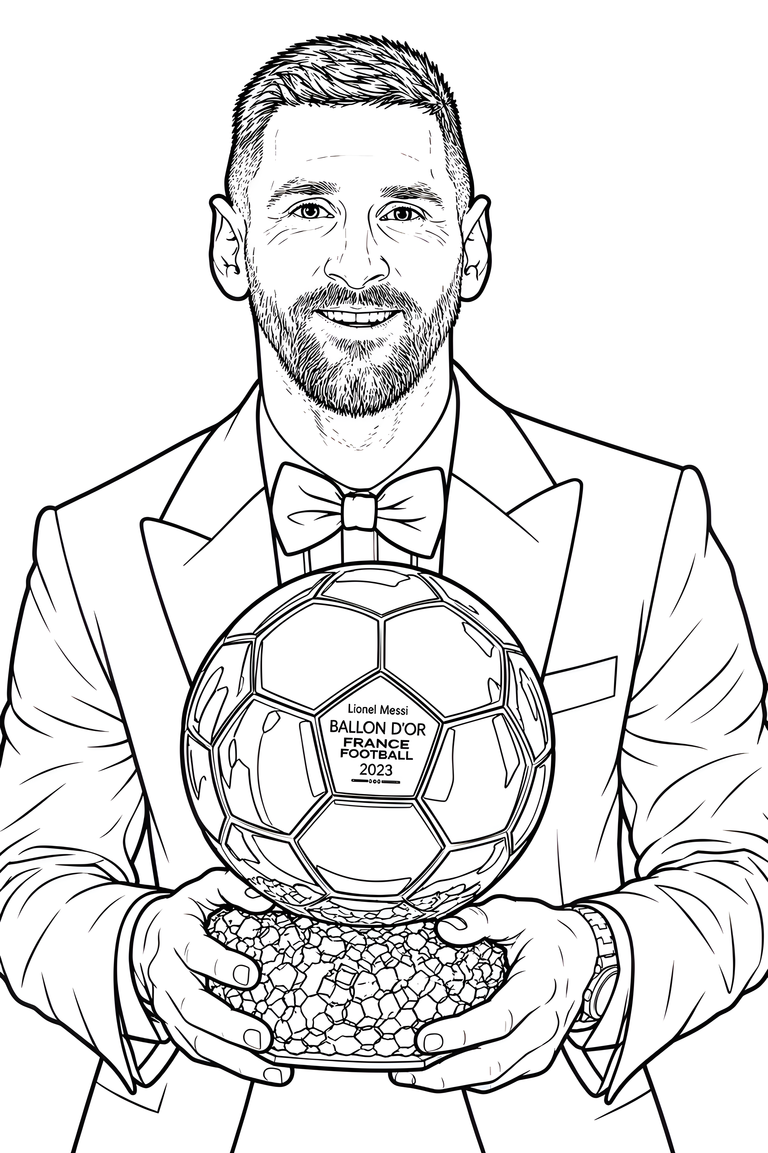 Omalovánka: Lionel Messi v obleku s motýlkem drží oběma rukama fotbalový míč Ballon d’Or, obrázek k vybarvení.