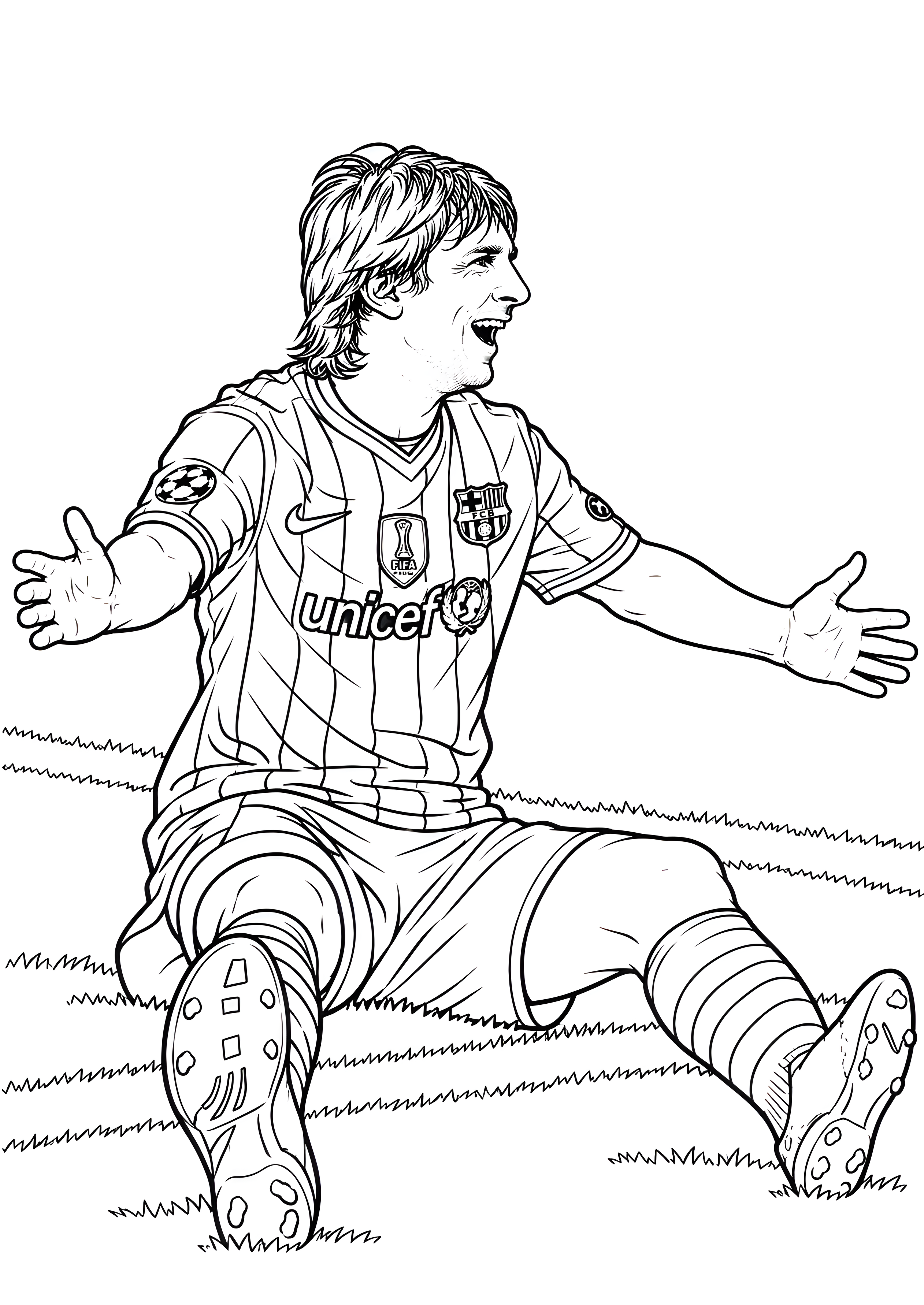 Omalovánka: Lionel Messi sedí na trávě s rozpaženýma rukama a směje se v dresu FC Barcelona, připravený k vybarvení.